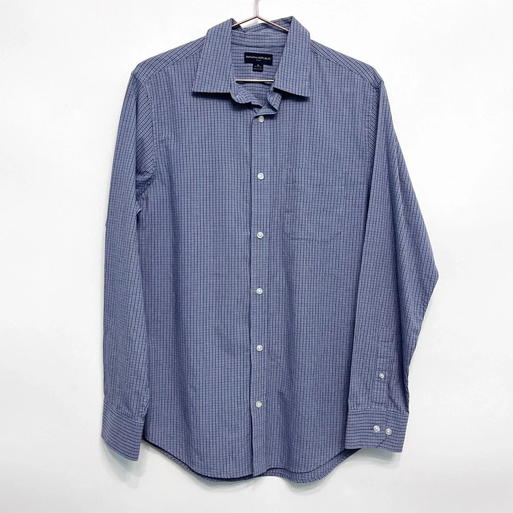banana republic | blue micro plaid cotton button down shirt m 15-15.5